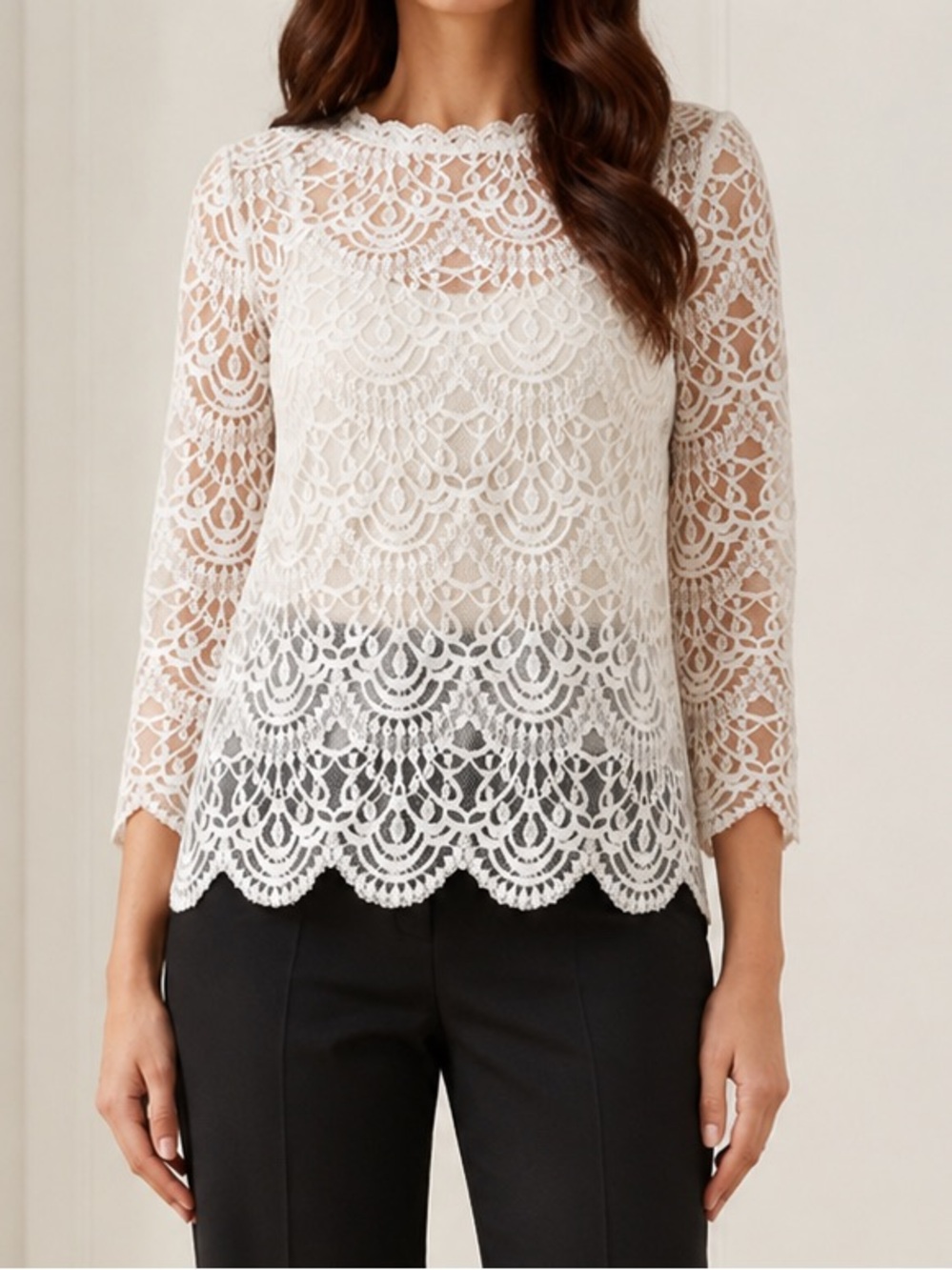 NWT Altar’d State Grace Lace Blouse Small Ivory Sheer Scalloped Romantic Top